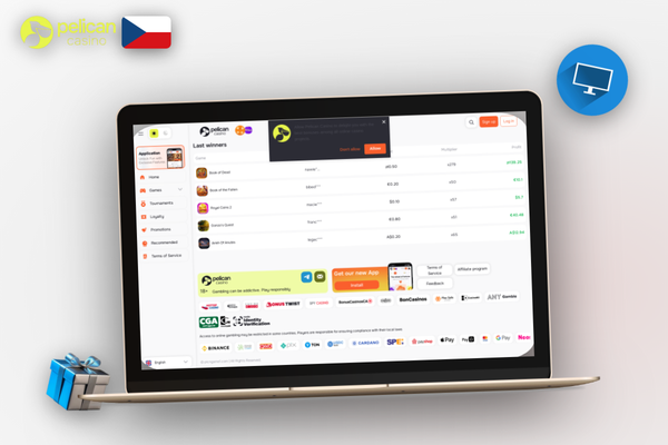 Pelican Casino pro PC zobrazuje lobby her v režimu celé obrazovky bez rušení prohlížečem