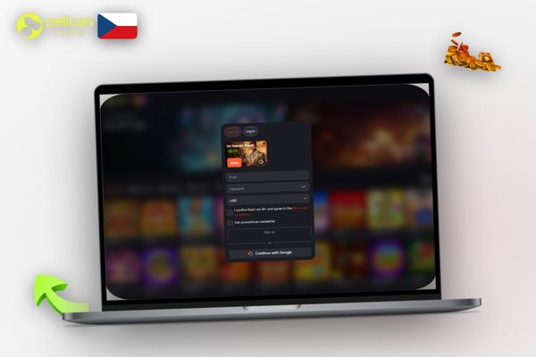 Jak se zaregistrovat v Pelican Casino – okno s přihlášením přes e-mail na notebooku