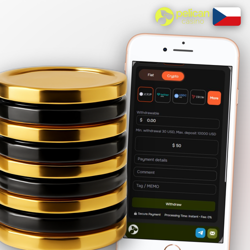 Pelican Casino výběr peněz přes mobilní pokladnu s ikonami Visa, Skrill a Bitcoin